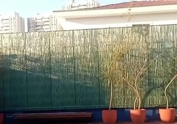 Cerca de bambu fino ao redor de uma piscina, com vasos de planta na frente
